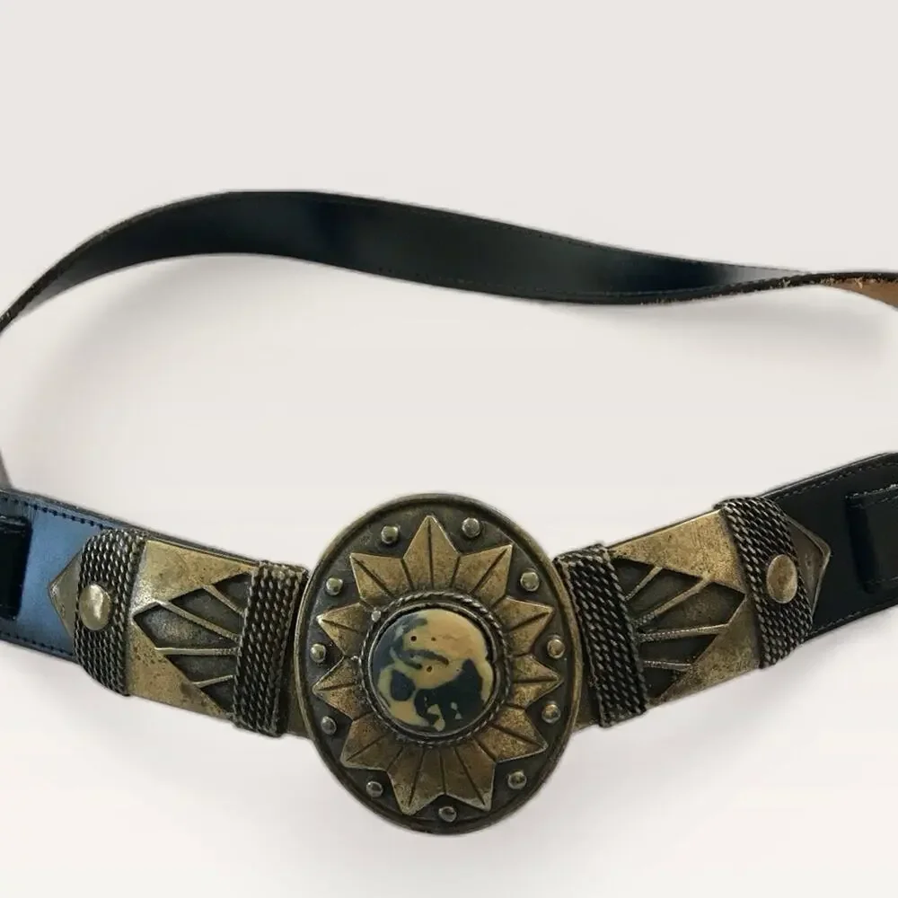 Vintage 1990's Western Style Black & Tan Belt with Brass Buckle